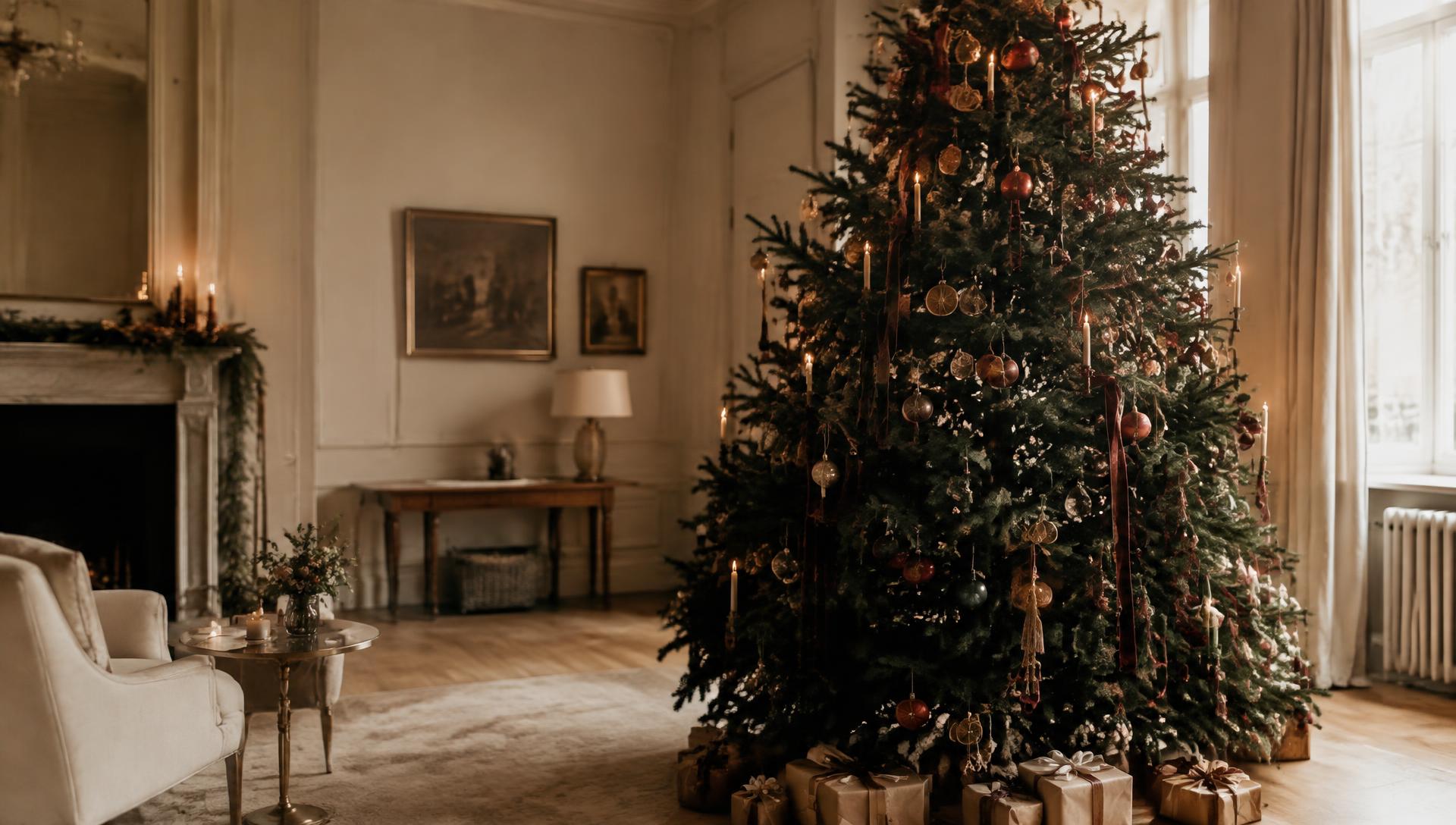 A grand Christmas tree styled with velvet ribbon and heirloom ornaments in a cream sitting room
